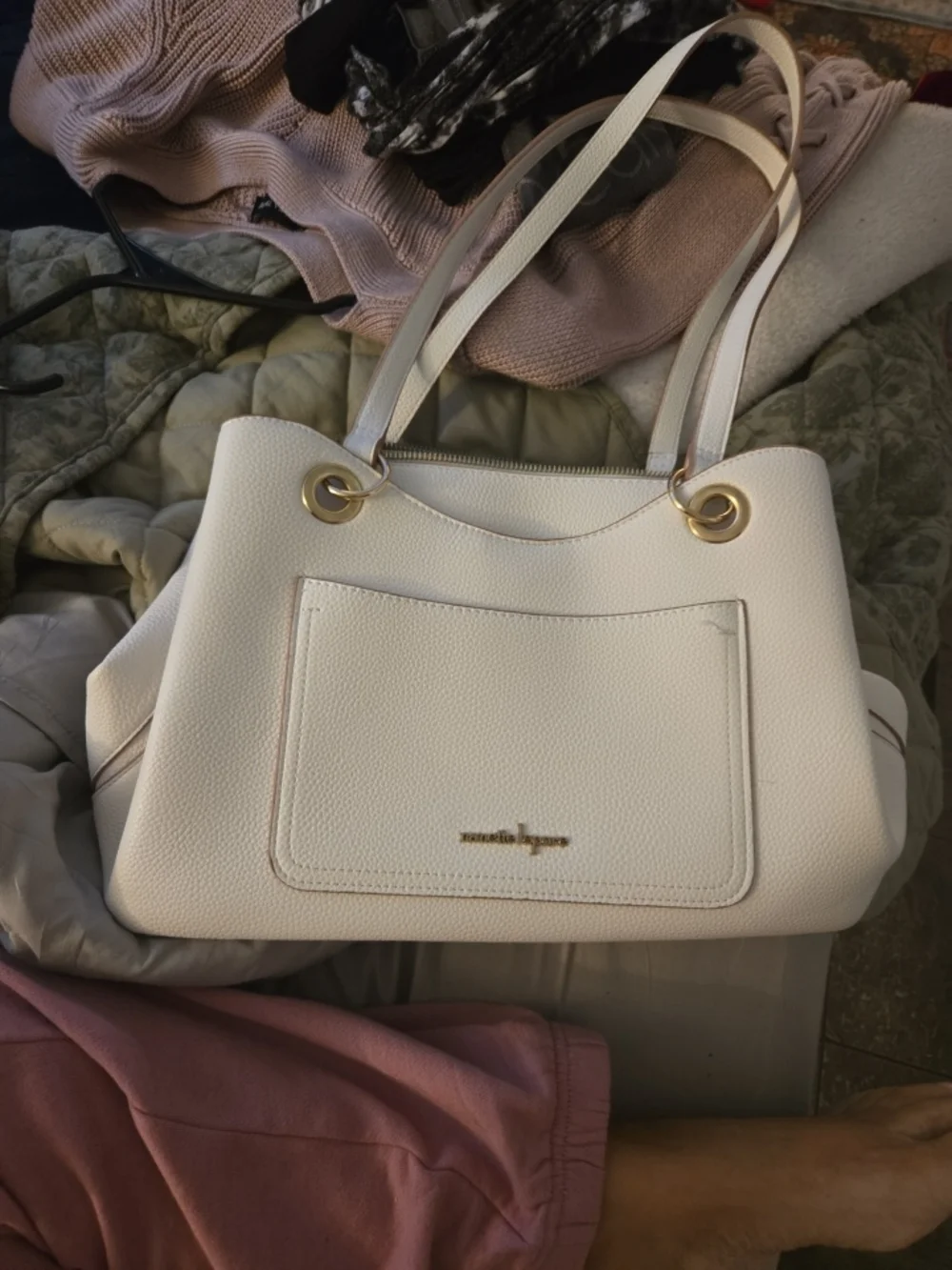 Nanette Lepore Cream‎ Pebbled Leather Shoulder Bag with Gold Hardware